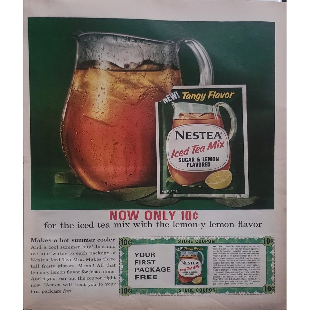 Nestea Iced Tea Mix Magazine Ad 1965 "Tangy Flavor" Mid-Century 10x13